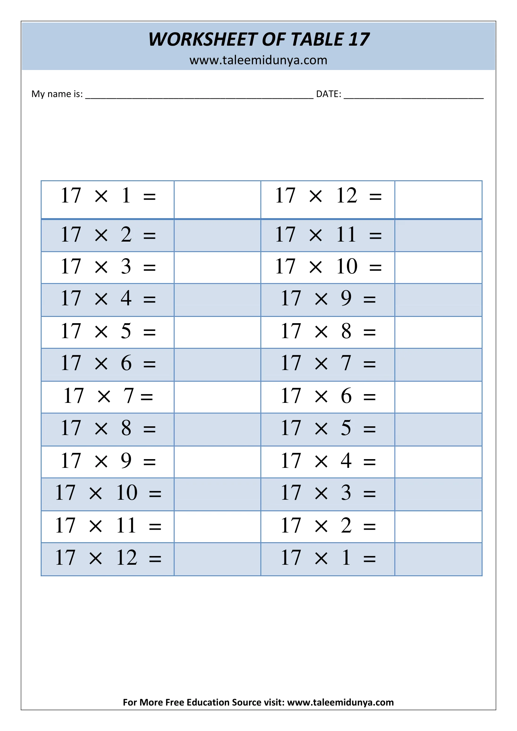 table of  17